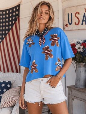 Red White and Blue Sequin Teddy Bear Short Sleeve Top
